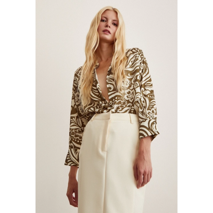 Çiçek Desenli Gömlek Haki