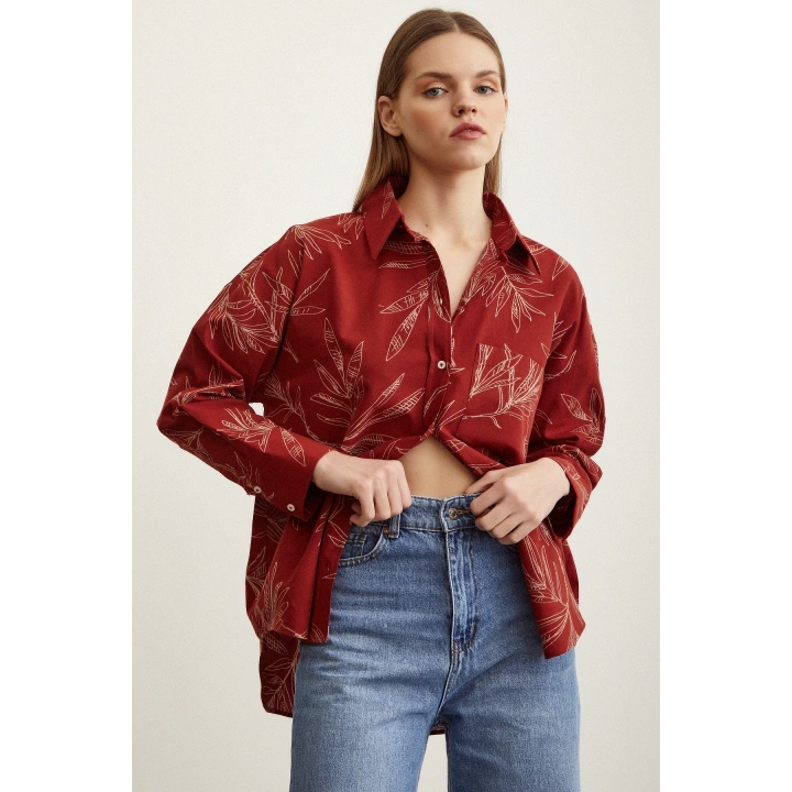 Çiçek Desenli Poplin Gömlek Kiremit