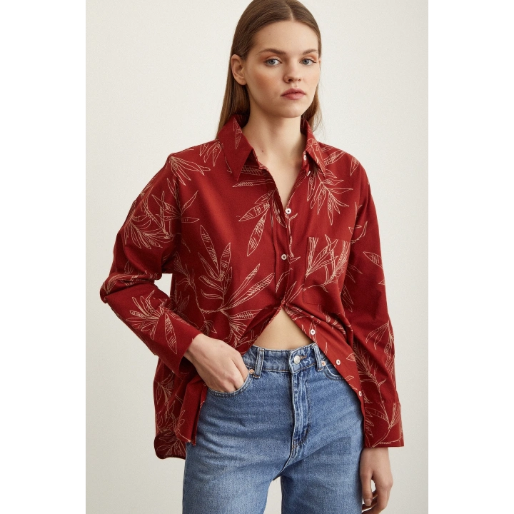 Çiçek Desenli Poplin Gömlek Kiremit