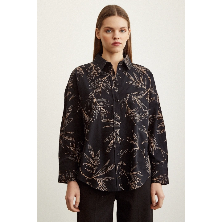 Çiçek Desenli Poplin Gömlek Siyah