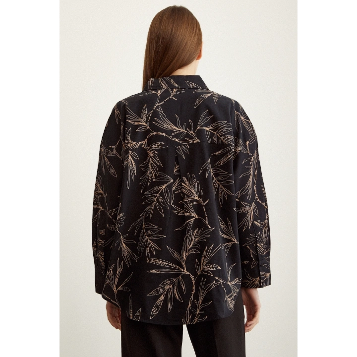 Çiçek Desenli Poplin Gömlek Siyah