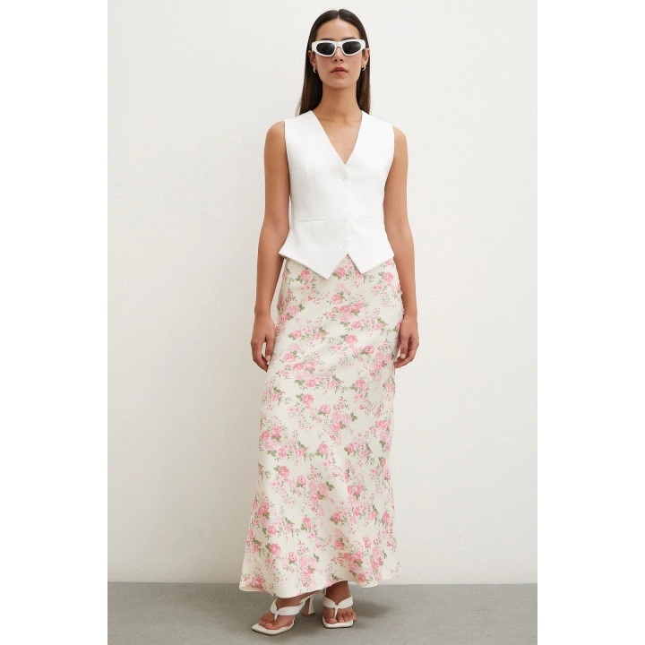 Çiçek Desenli Saten Etek Lila