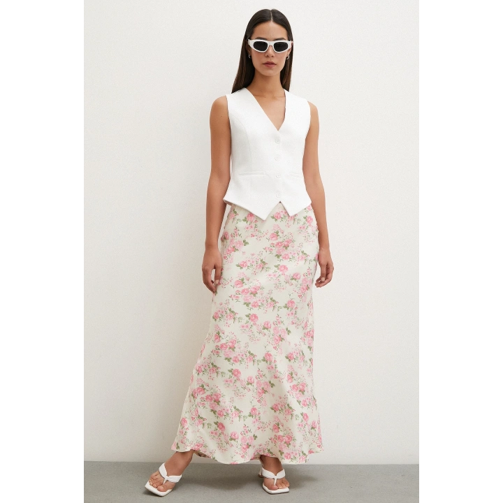 Çiçek Desenli Saten Etek Lila