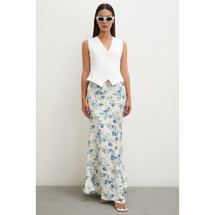 Çiçek Desenli Saten Etek Mavi