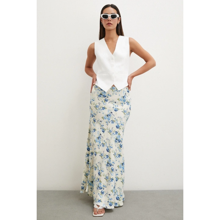 Çiçek Desenli Saten Etek Mavi