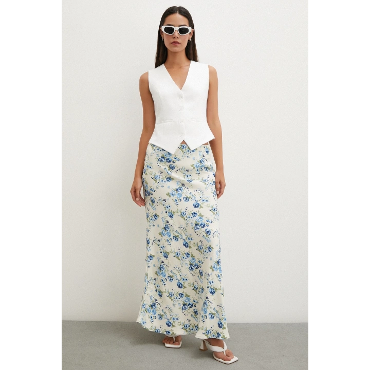 Çiçek Desenli Saten Etek Mavi