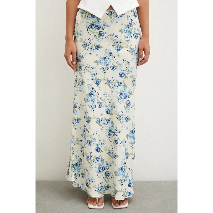 Çiçek Desenli Saten Etek Mavi