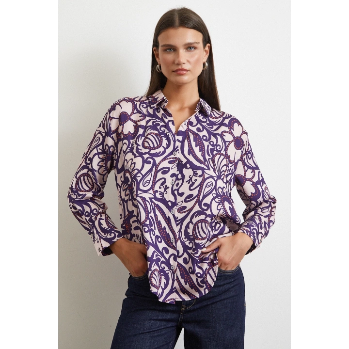 Çiçek Desenli Saten Gömlek Mor