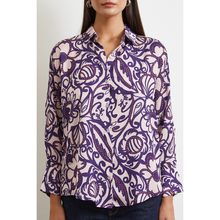 Çiçek Desenli Saten Gömlek Mor