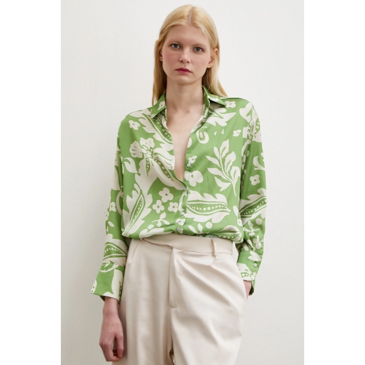 Çiçek Desenli Saten Gömlek Yeşil