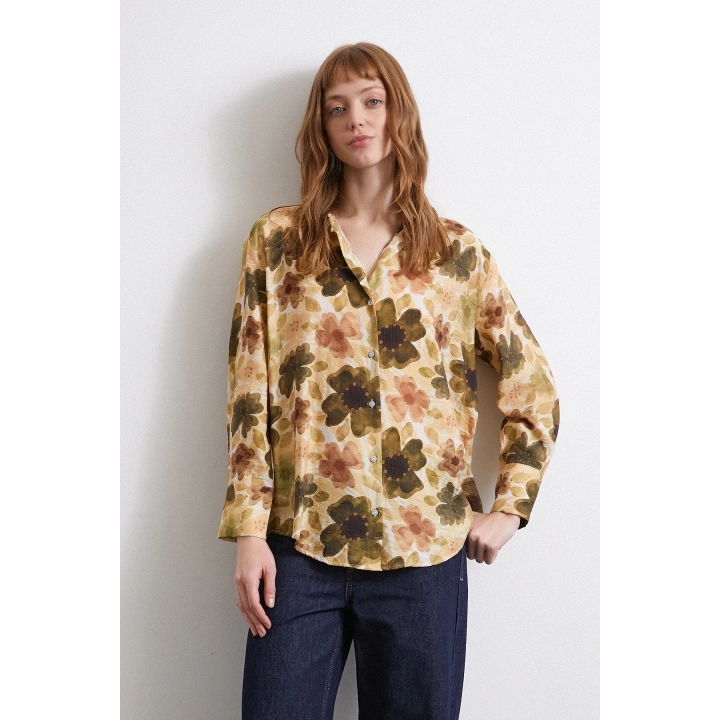 Çiçekli Vual Gömlek Haki