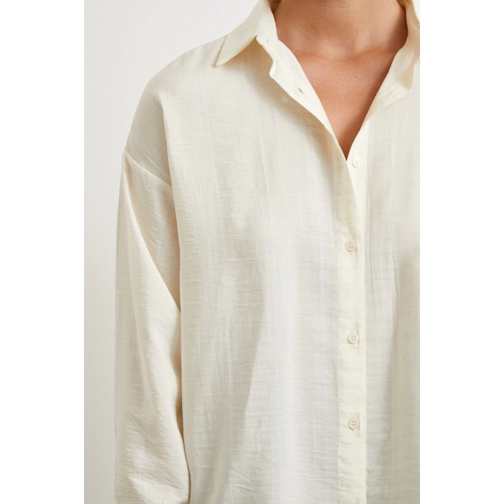 Çift Çizgili Modal Gömlek Ekru