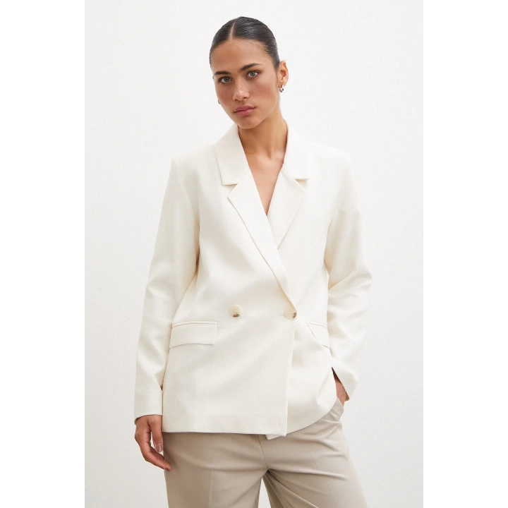 Çift Düğmeli Keten Blazer Ceket Ekru