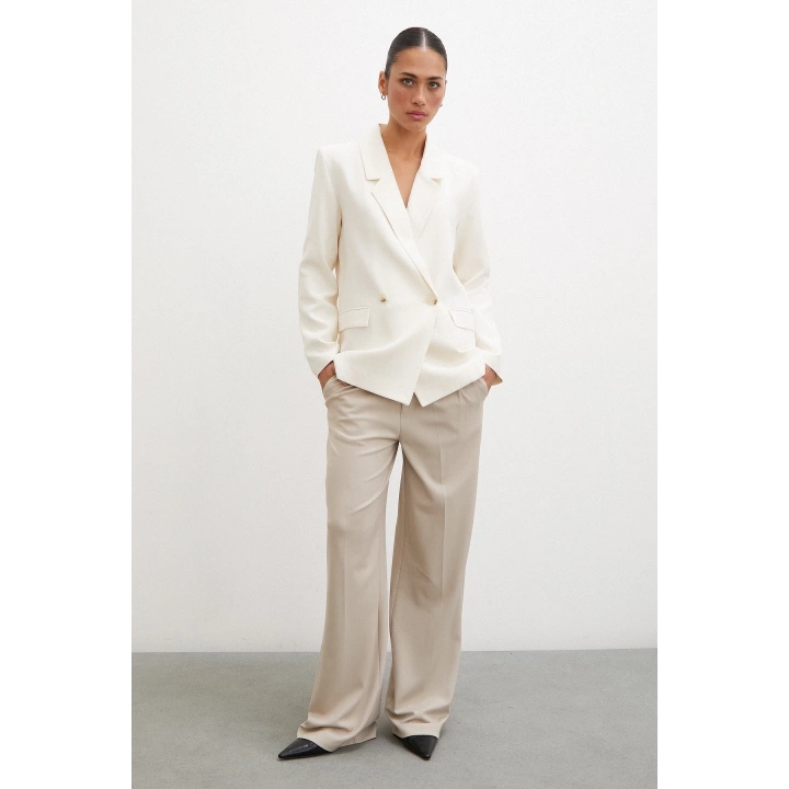 Çift Düğmeli Keten Blazer Ceket Ekru