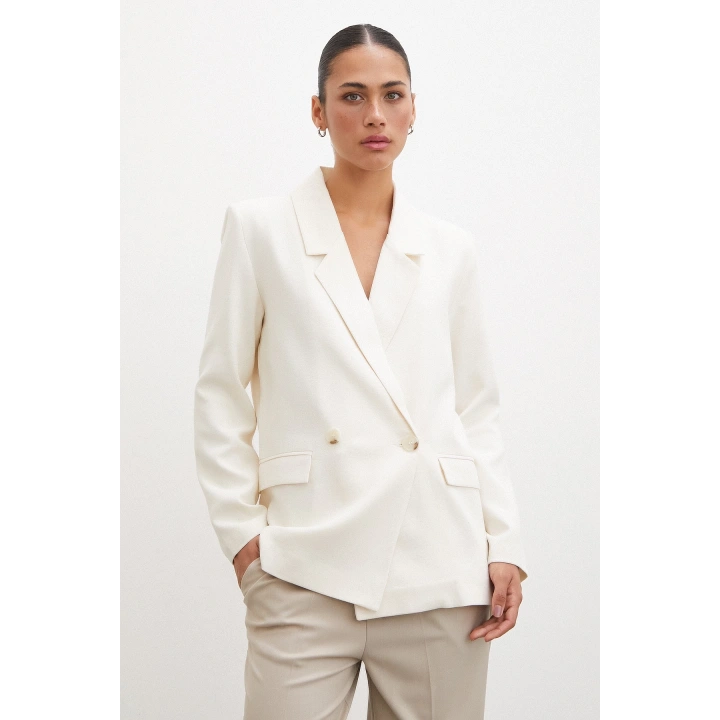 Çift Düğmeli Keten Blazer Ceket Ekru