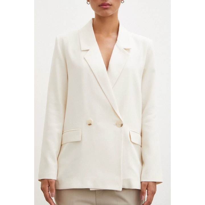 Çift Düğmeli Keten Blazer Ceket Ekru