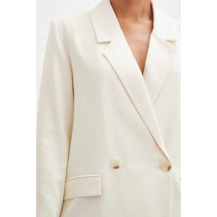Çift Düğmeli Keten Blazer Ceket Ekru