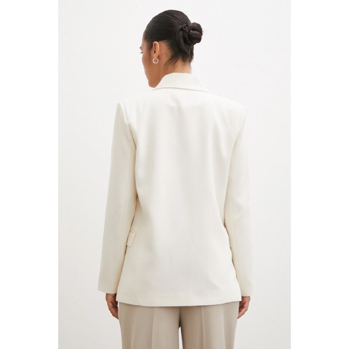 Çift Düğmeli Keten Blazer Ceket Ekru