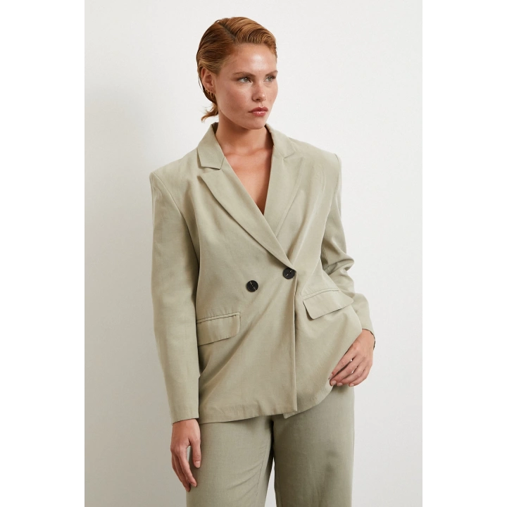 Çift Düğmeli Keten Blazer Ceket Gri