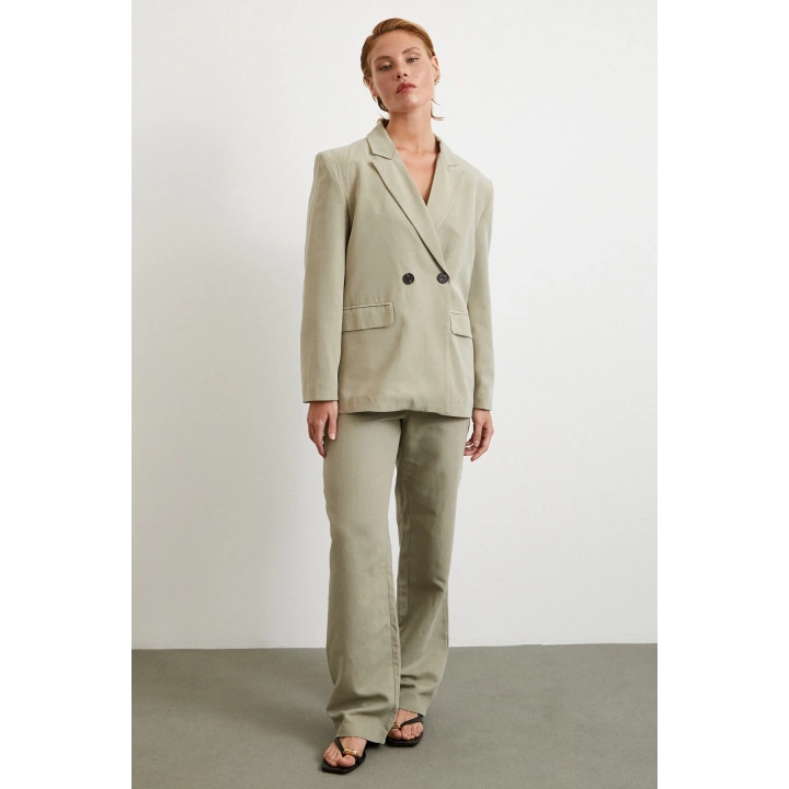 Çift Düğmeli Keten Blazer Ceket Gri