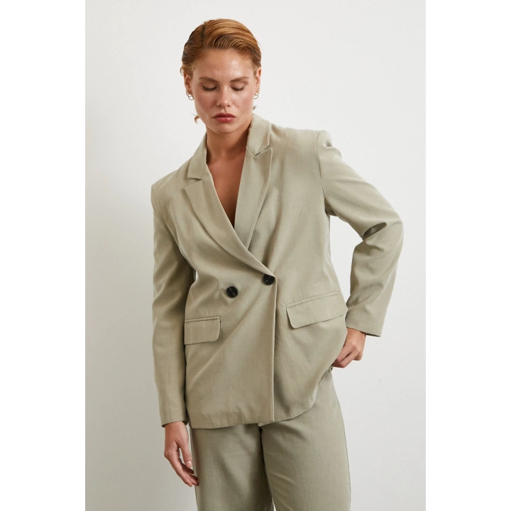 Çift Düğmeli Keten Blazer Ceket Gri