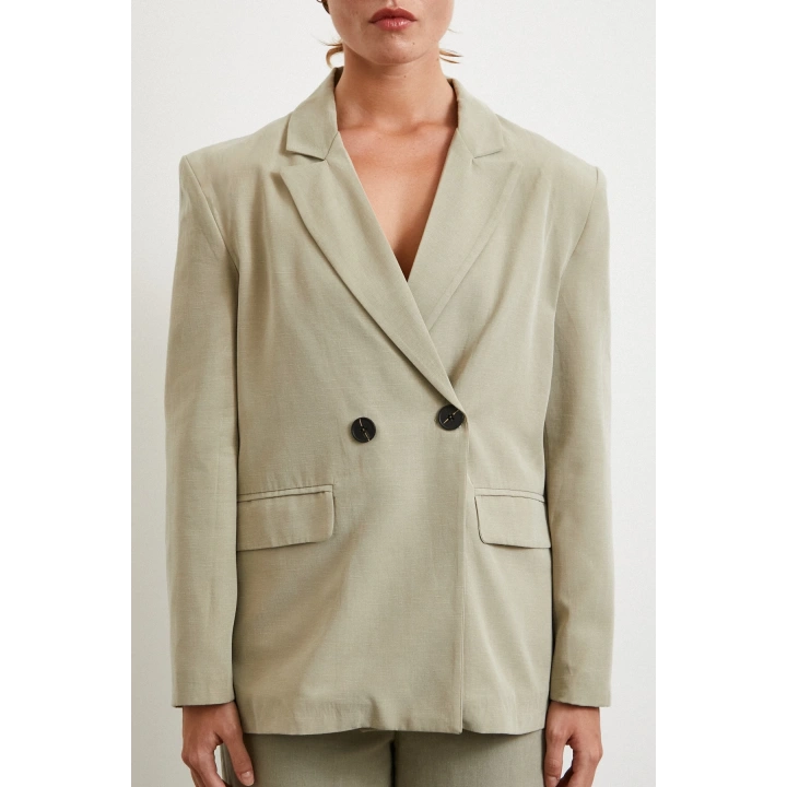 Çift Düğmeli Keten Blazer Ceket Gri