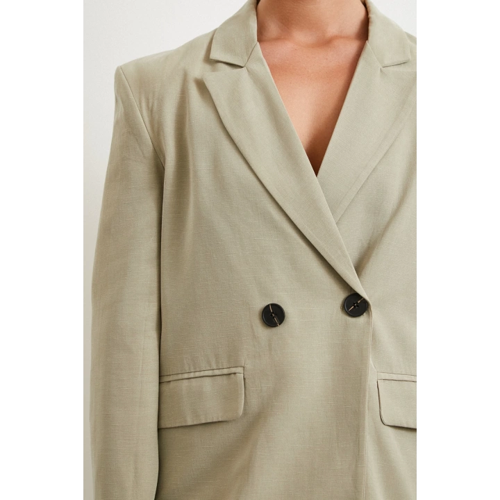 Çift Düğmeli Keten Blazer Ceket Gri