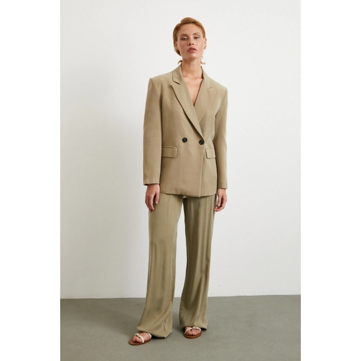 Çift Düğmeli Keten Blazer Ceket Haki