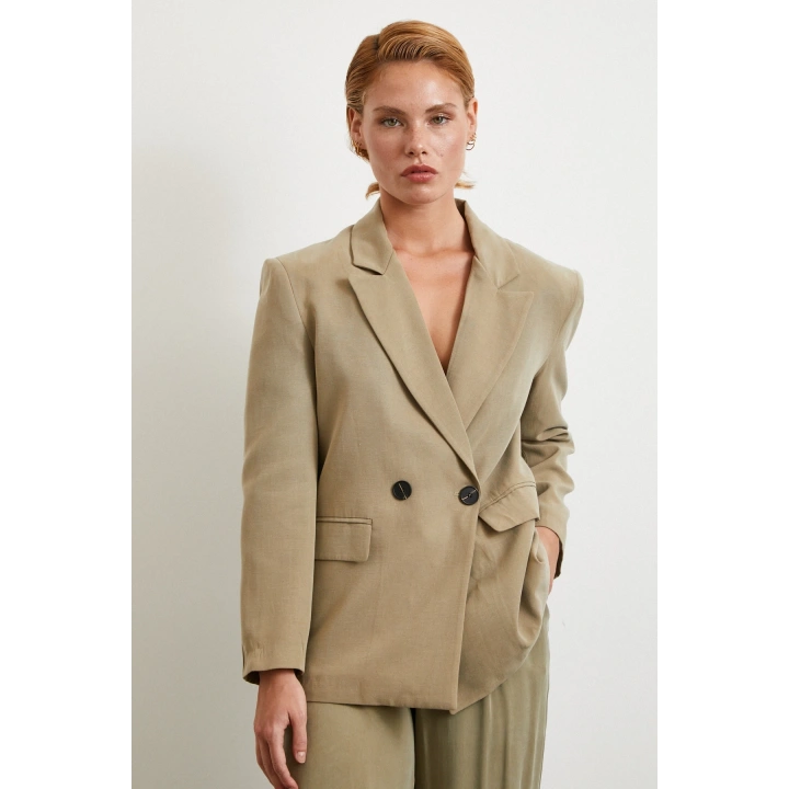 Çift Düğmeli Keten Blazer Ceket Haki