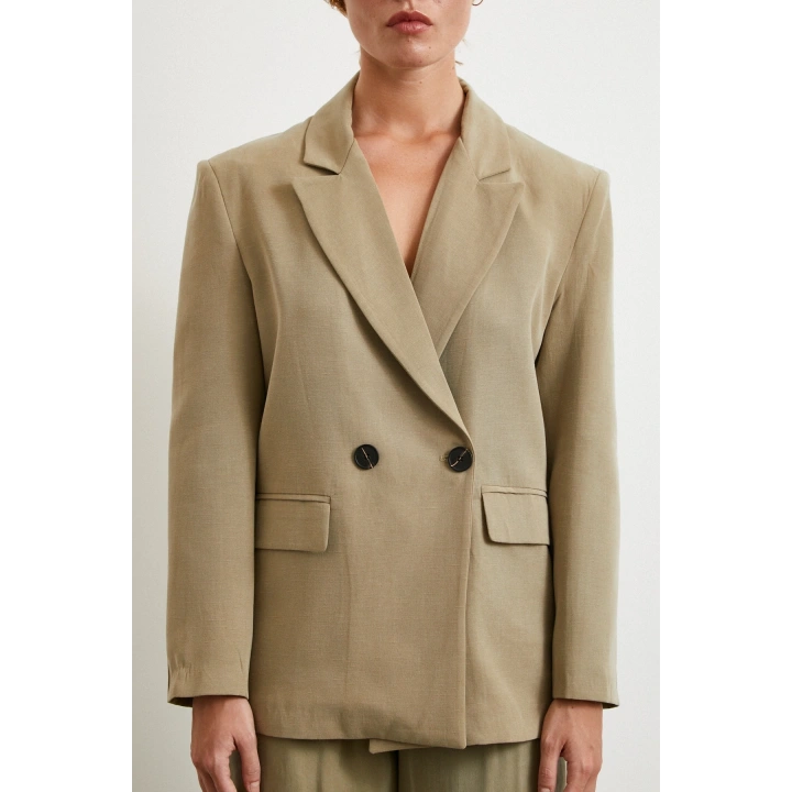 Çift Düğmeli Keten Blazer Ceket Haki
