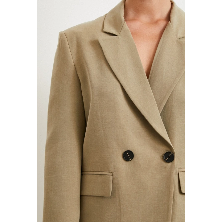 Çift Düğmeli Keten Blazer Ceket Haki
