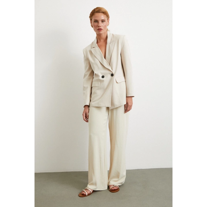 Çift Düğmeli Keten Blazer Ceket Krem
