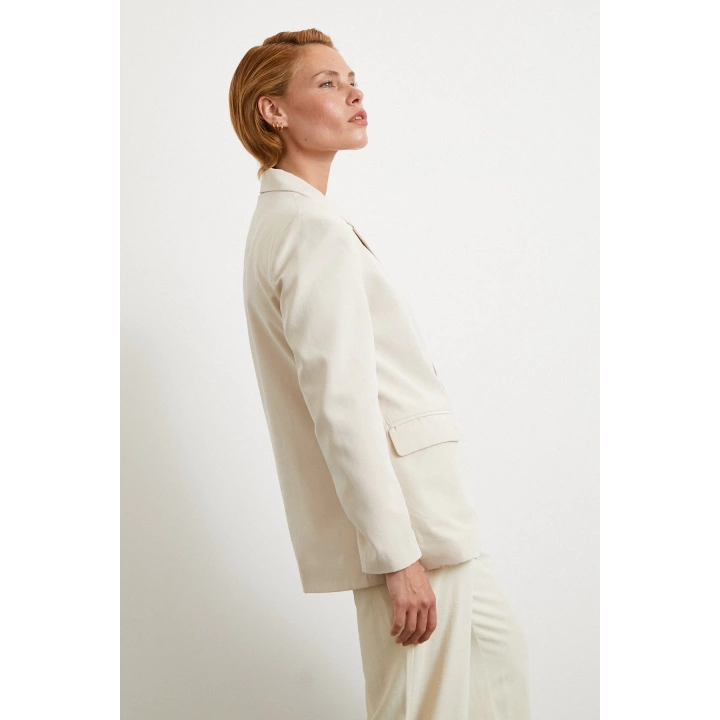 Çift Düğmeli Keten Blazer Ceket Krem