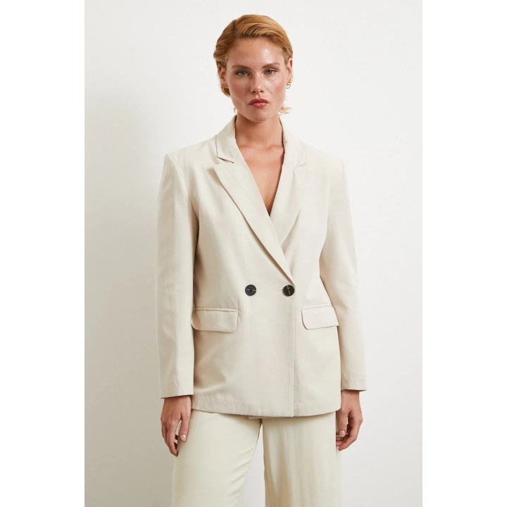 Çift Düğmeli Keten Blazer Ceket Krem