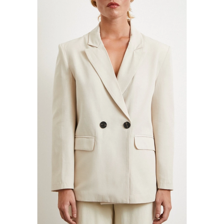 Çift Düğmeli Keten Blazer Ceket Krem
