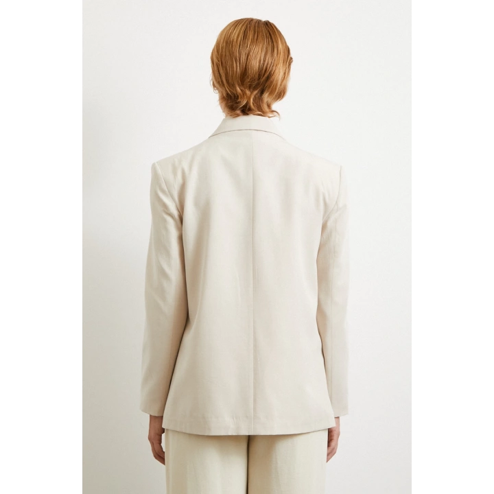 Çift Düğmeli Keten Blazer Ceket Krem