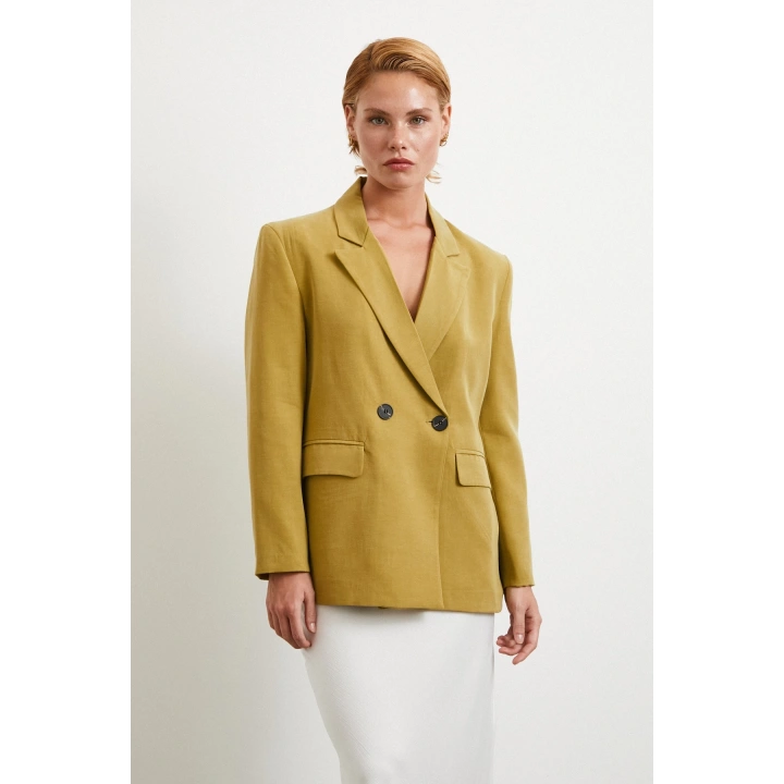 Çift Düğmeli Keten Blazer Ceket Olive