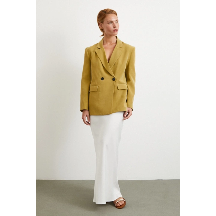 Çift Düğmeli Keten Blazer Ceket Olive