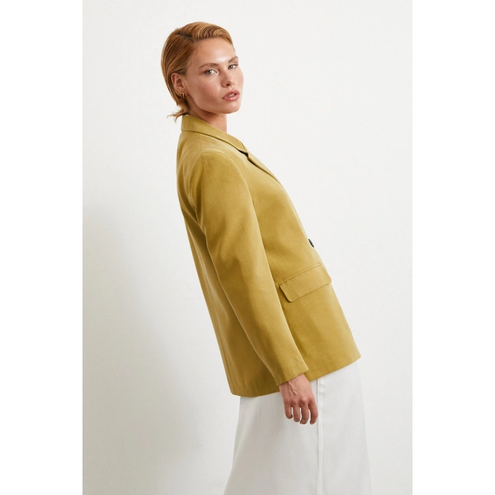 Çift Düğmeli Keten Blazer Ceket Olive