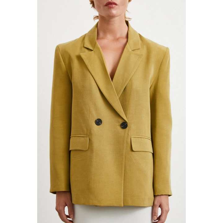 Çift Düğmeli Keten Blazer Ceket Olive