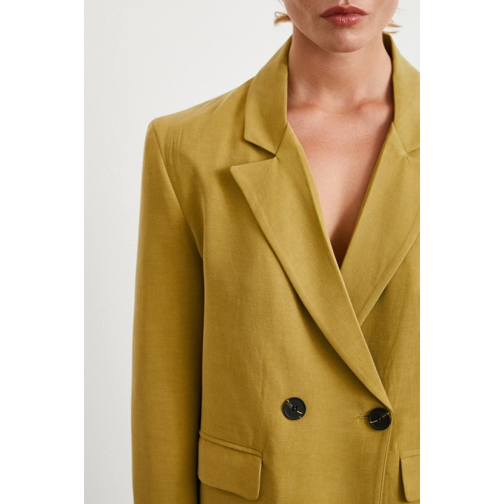 Çift Düğmeli Keten Blazer Ceket Olive
