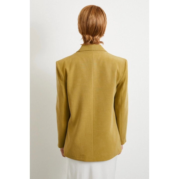 Çift Düğmeli Keten Blazer Ceket Olive