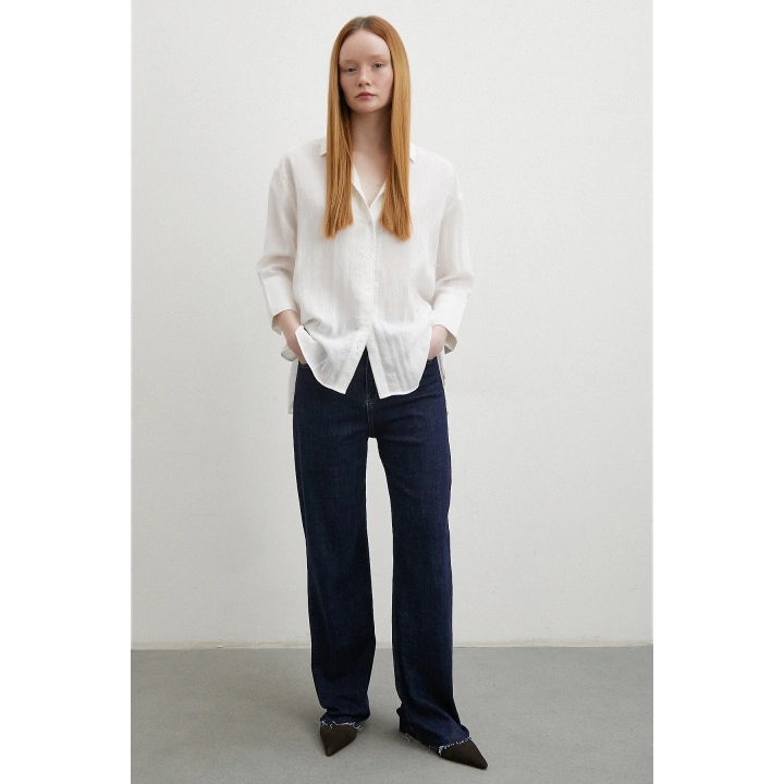 Çift İğneli Pamuklu Gömlek Beyaz