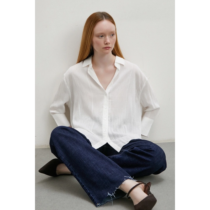 Çift İğneli Pamuklu Gömlek Beyaz