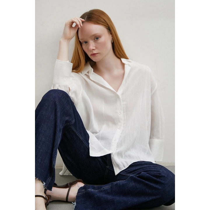 Çift İğneli Pamuklu Gömlek Beyaz