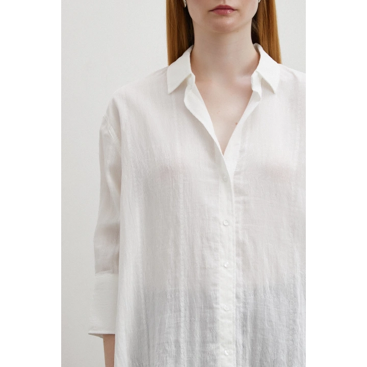 Çift İğneli Pamuklu Gömlek Beyaz