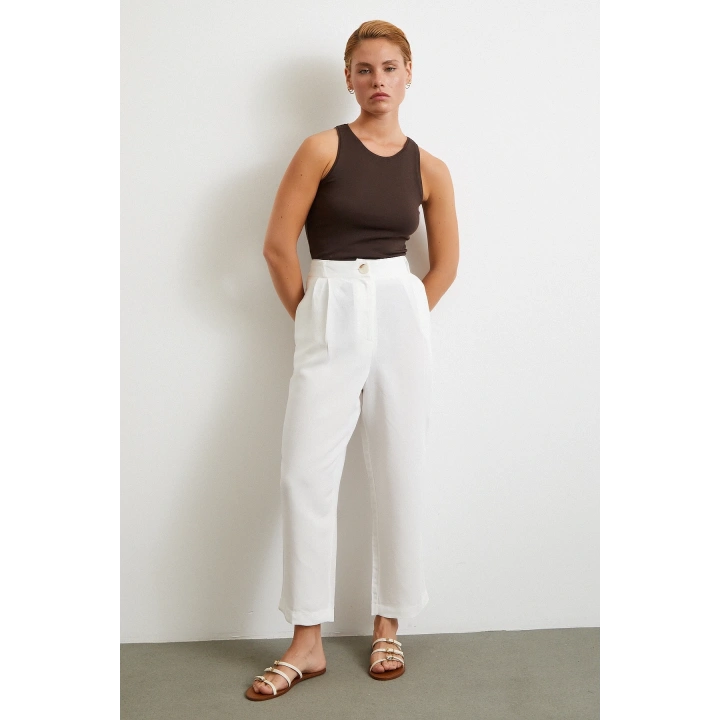 Çift Pileli Keten Pantolon Krem