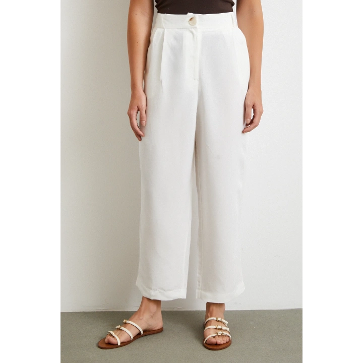 Çift Pileli Keten Pantolon Krem