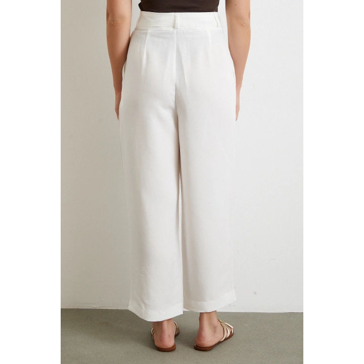 Çift Pileli Keten Pantolon Krem