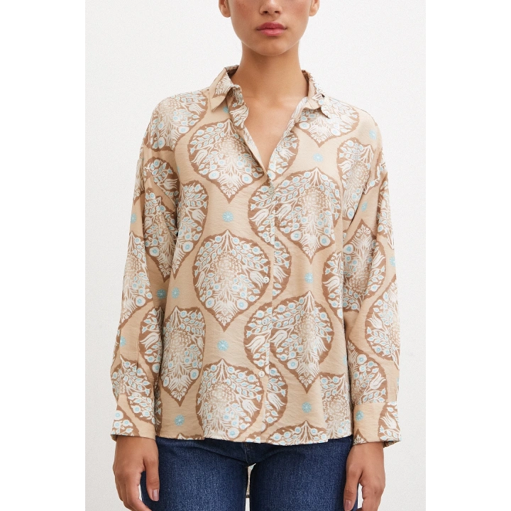Çini Desenli Modal Gömlek Kahve